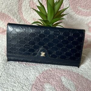 Celine Kiss Lock Long Navy Monogram Design Wallet